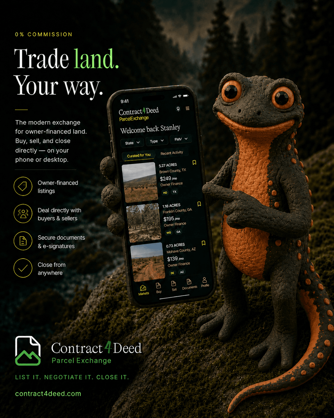 Contract4Deed Parcel Exchange — owner-financed land marketplace shown on iPhone